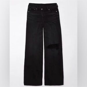 American Eagle Black Distressed Super High-rise Ultra Wide Leg Jeans Sz 0 Short
